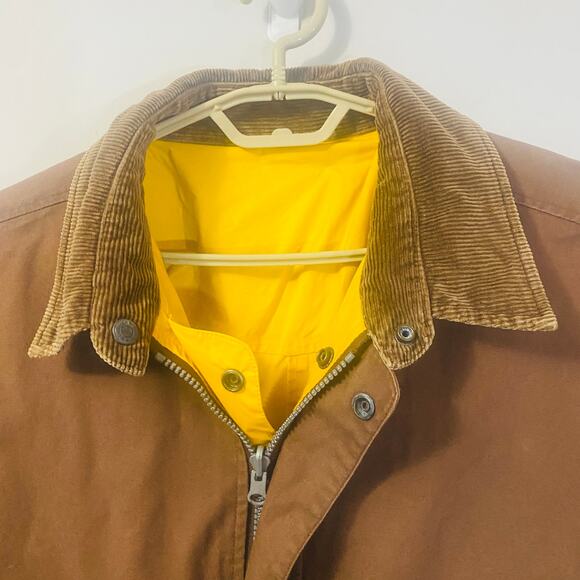 Marlboro Vintage Reversible Long Raincoat Brown Yellow Pockets Zip Closure Sz M - Picture 7 of 14